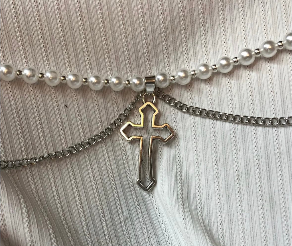Goth Cross Pearl Necklace