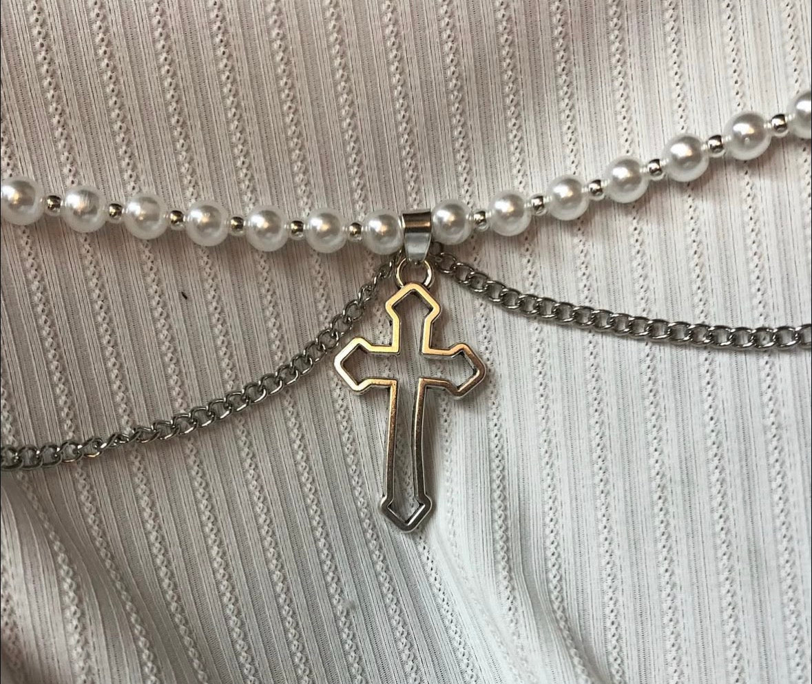 Goth Cross Pearl Necklace