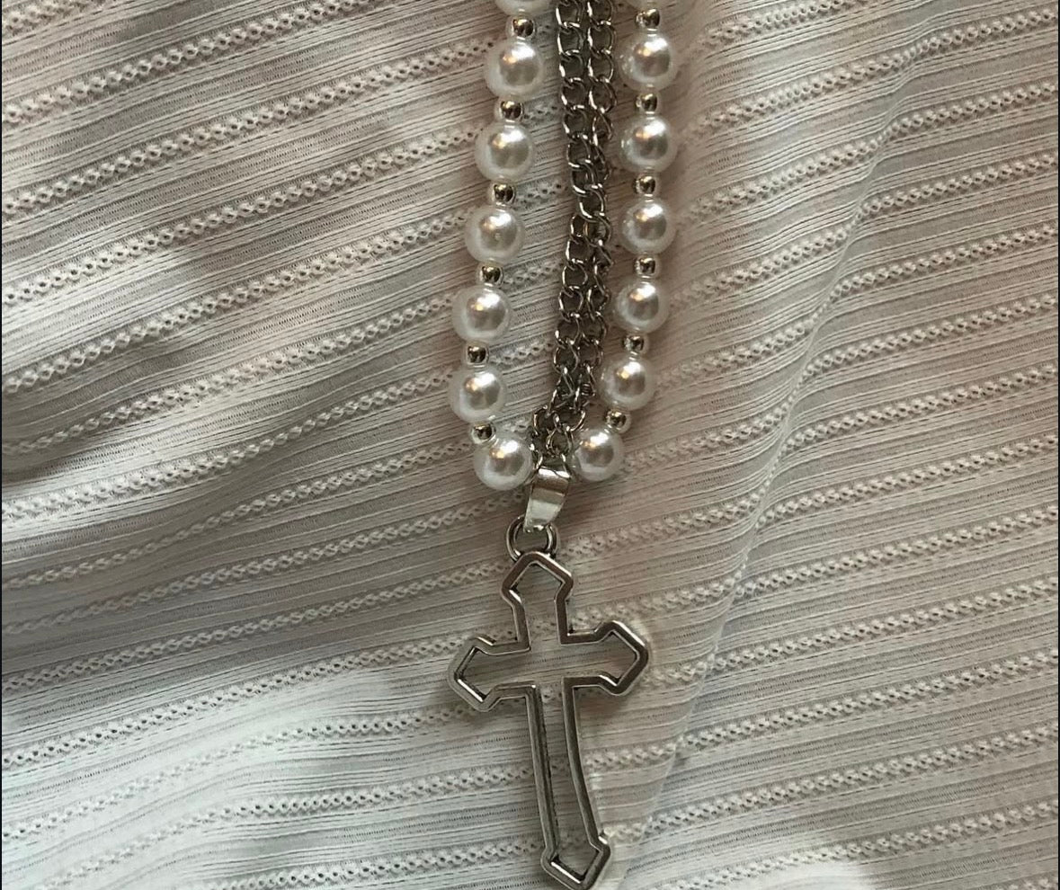 Goth Cross Pearl Necklace