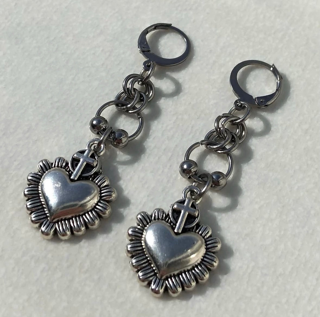 Sacred Heart Chainmail Earrings